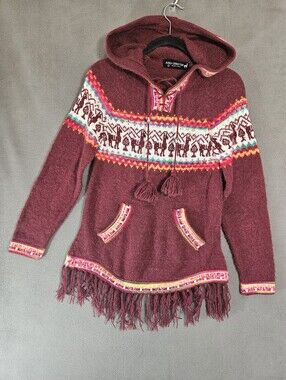 Peruvian Alpaca Wool Aztec Sweater Boho Hooded Tassels Ethnika Women Medium Lama